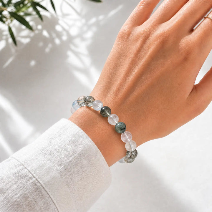 14mm Rose Quartz & Clear Quartz & Aquamarine Bracelet - 04 mixed crystal crystal lifestyle wearing style