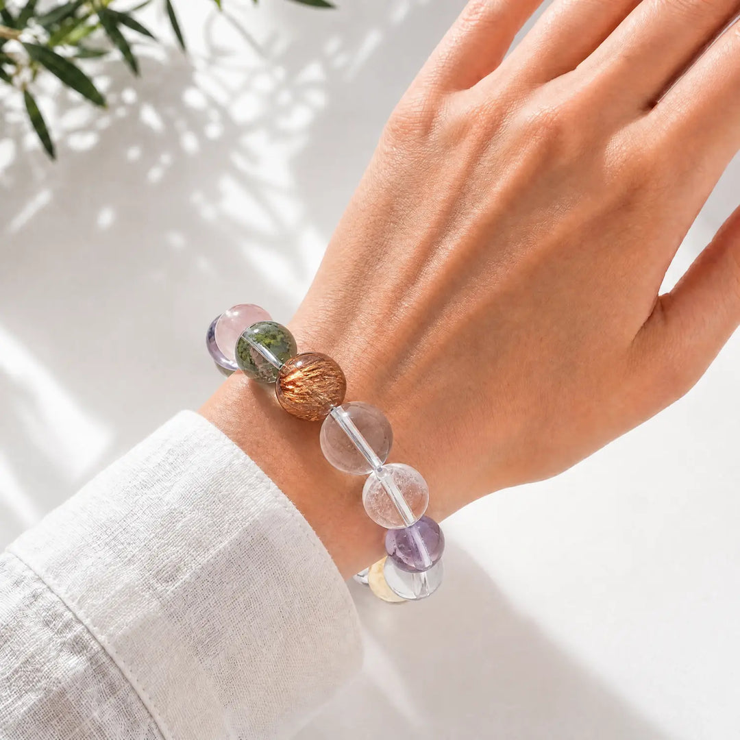 17mm Multi-Stone Crystal Bracelet with Amethyst, Rose Quartz, Clear Quartz - mixed crystal crystal lifestyle wearing style