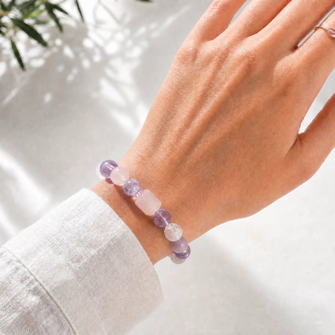 13mm Multi-Stone Crystal Bracelet with Amethyst, Rose Quartz, Clear Quartz - mixed crystal crystal lifestyle wearing style