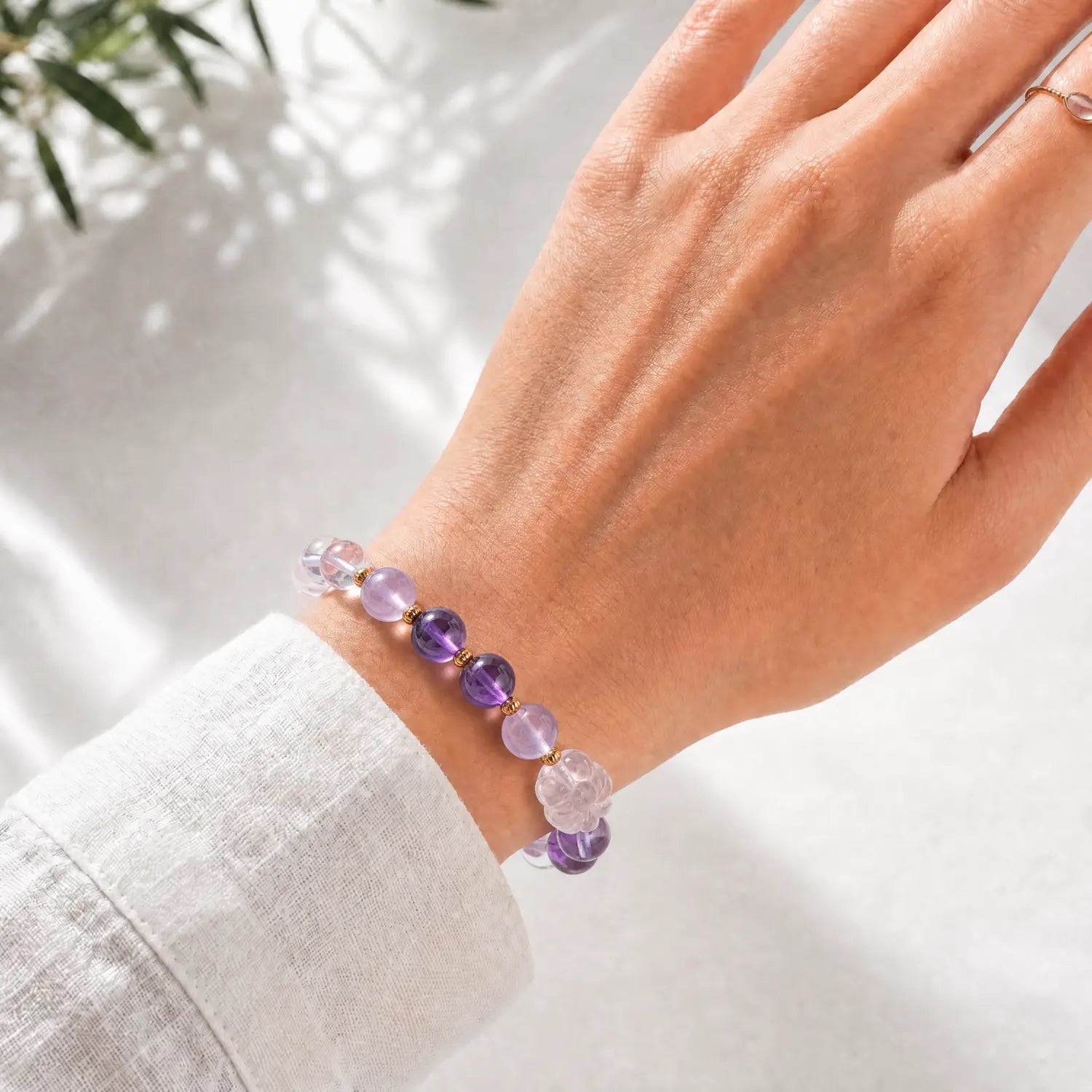 10mm Amethyst & Clear Quartz Bracelet - 04 mixed crystal crystal lifestyle wearing style