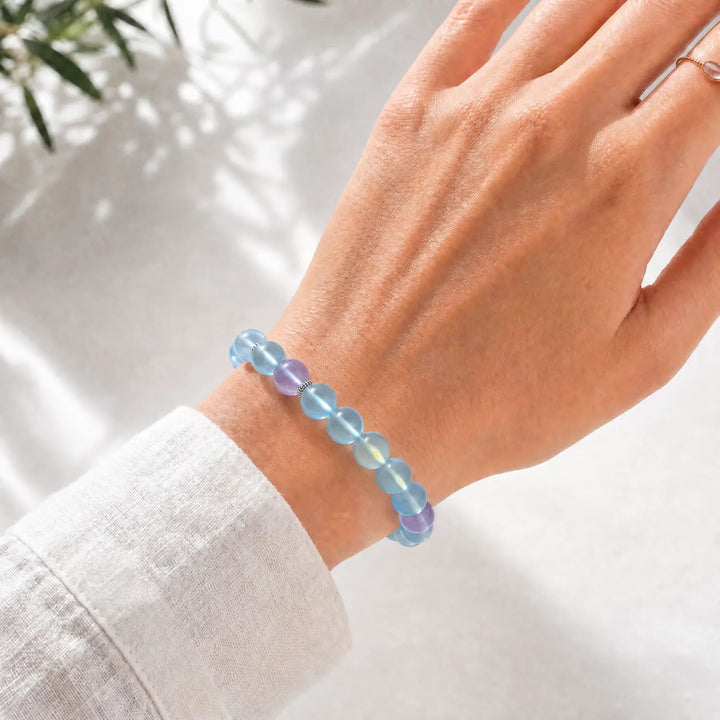 10mm Multi-Stone Crystal Bracelet with Clear Quartz, Aquamarine, Kunzite - opalite glass crystal lifestyle wearing style