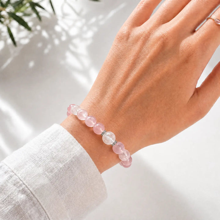 12mm Rose Quartz & White Phantom Quartz Bracelet - 04 rose quartz crystal lifestyle wearing style