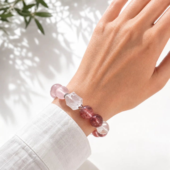 12mm Multi-Stone Crystal Bracelet with Rose Quartz, Clear Quartz, Strawberry Quartz - rose quartz crystal lifestyle wearing style