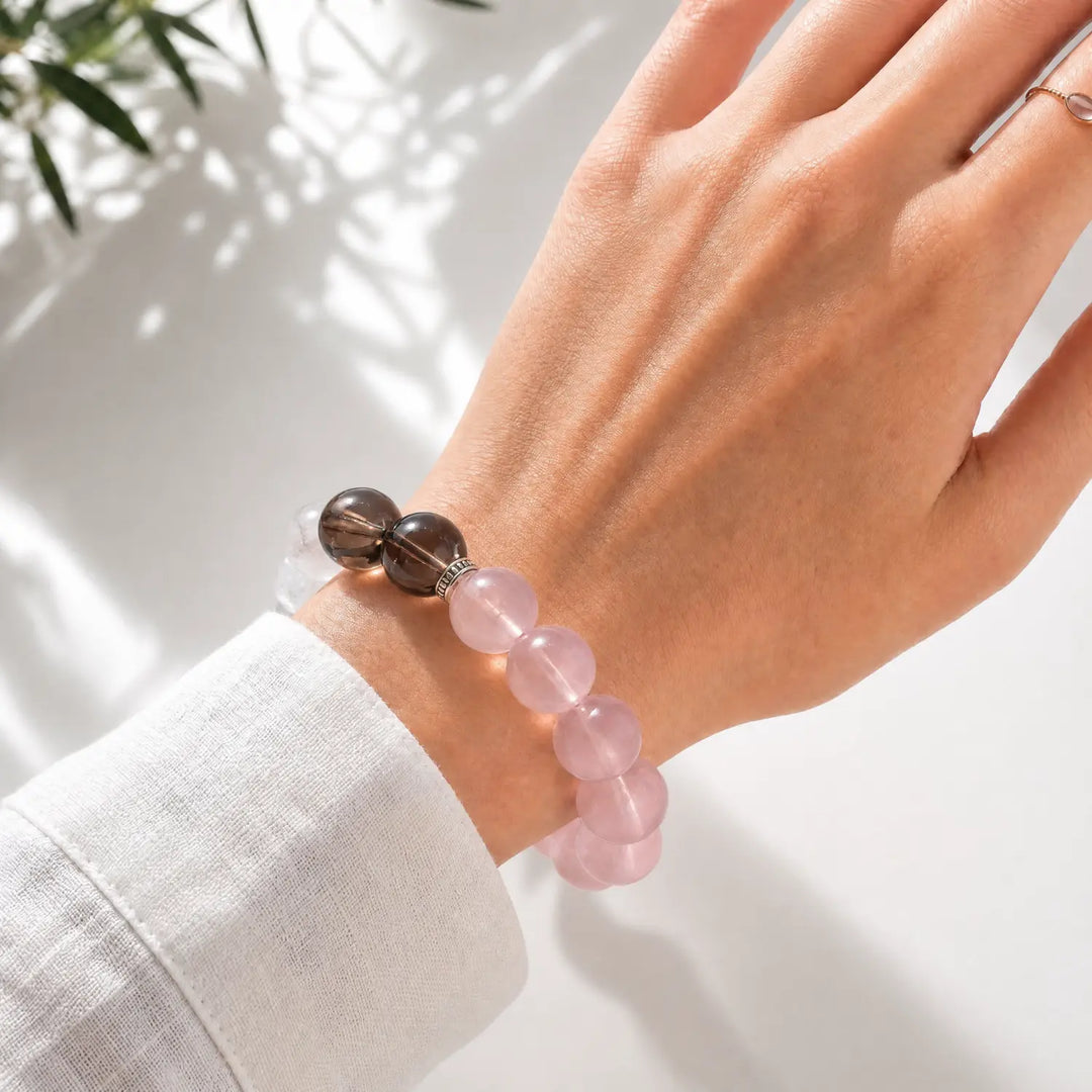 12mm Multi-Stone Crystal Bracelet with Clear Quartz, Rose Quartz, Smoky Quartz - rose quartz crystal lifestyle wearing style