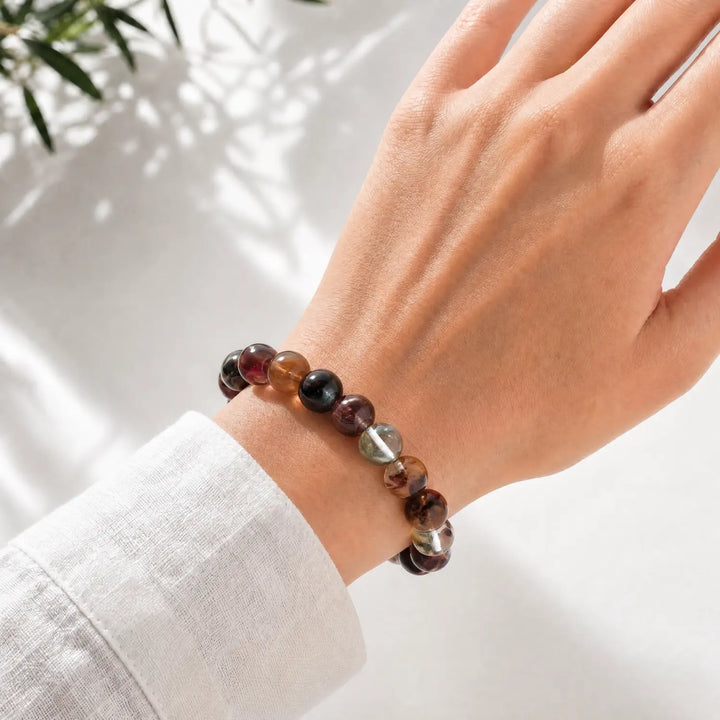 10mm Natural Phantom Quartz Bracelet - rutilated quartz crystal lifestyle wearing style