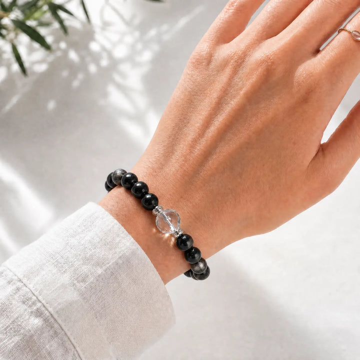 8mm Obsidian, Silver Sheen Obsidian & Clear Quartz Bracelet - silver sheen obsidian crystal lifestyle wearing style