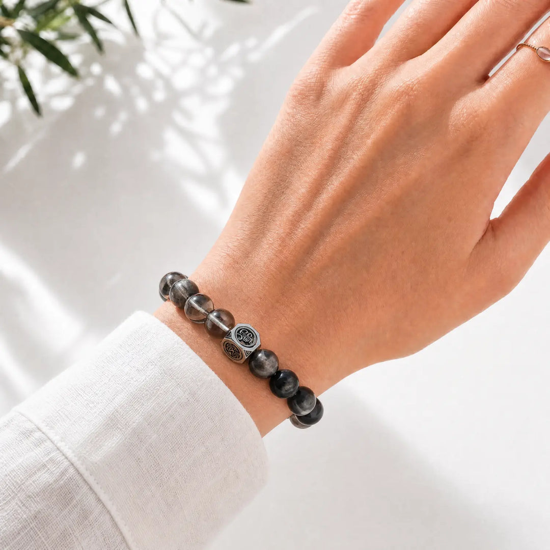 10mm Multi-Stone Crystal Bracelet with Clear Quartz, Obsidian, Smoky Quartz - smoky quartz crystal lifestyle wearing style