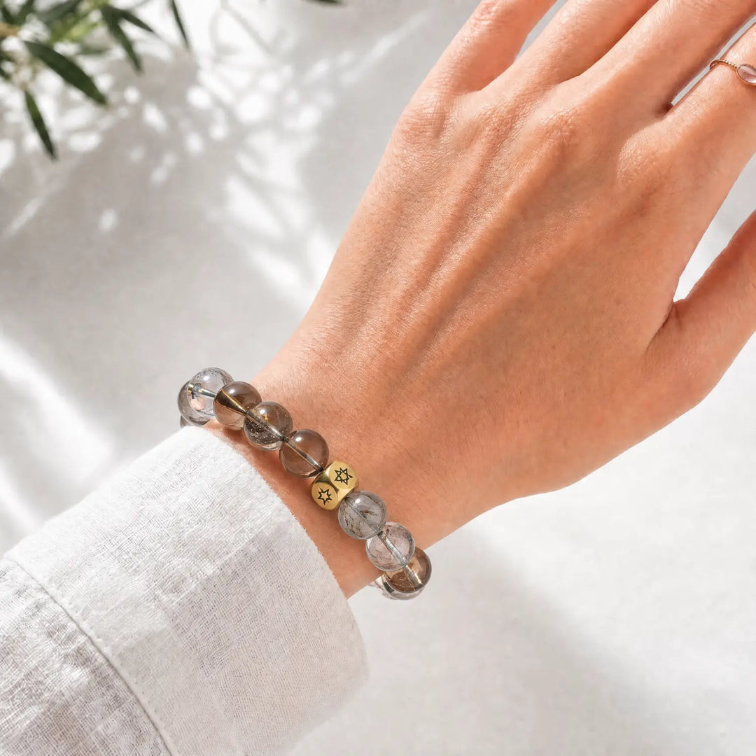 10mm Multi-Stone Crystal Bracelet with Clear Quartz, Rutilated Quartz, Smoky Quartz - smoky quartz crystal lifestyle wearing style