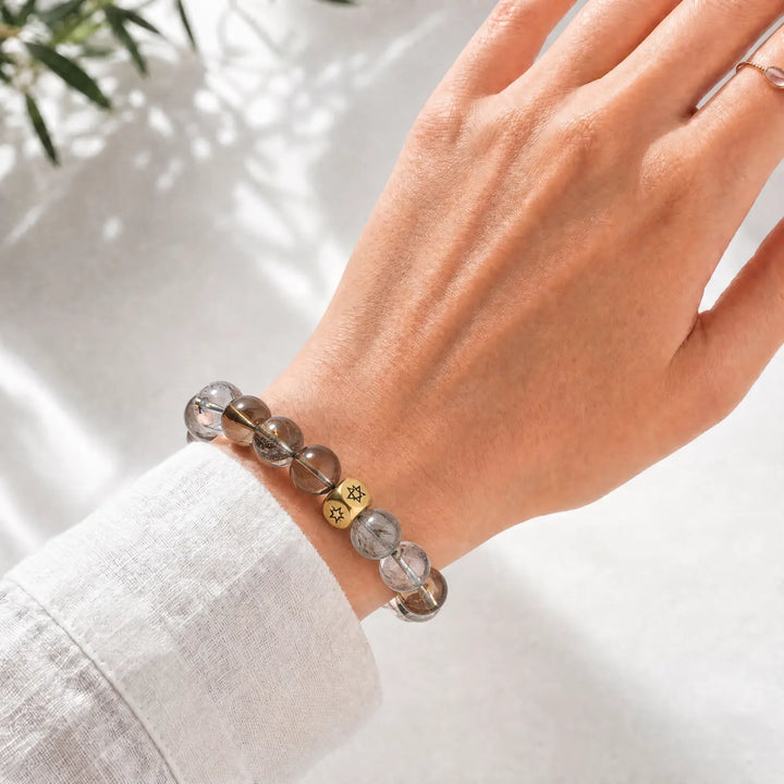10mm Multi-Stone Crystal Bracelet with Clear Quartz, Rutilated Quartz, Smoky Quartz - smoky quartz crystal lifestyle wearing style