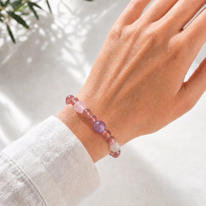 8mm Multi-Stone Crystal Bracelet with Amethyst, Rose Quartz, Clear Quartz - strawberry quartz crystal lifestyle wearing style