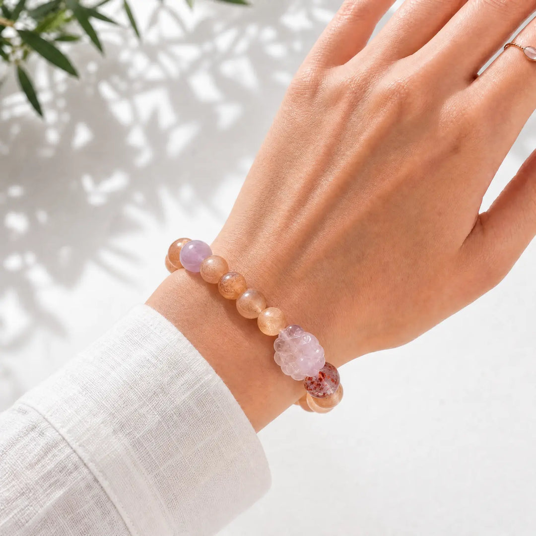 8mm Rose Quartz & Sunstone Bracelet - 04 sunstone crystal lifestyle wearing style