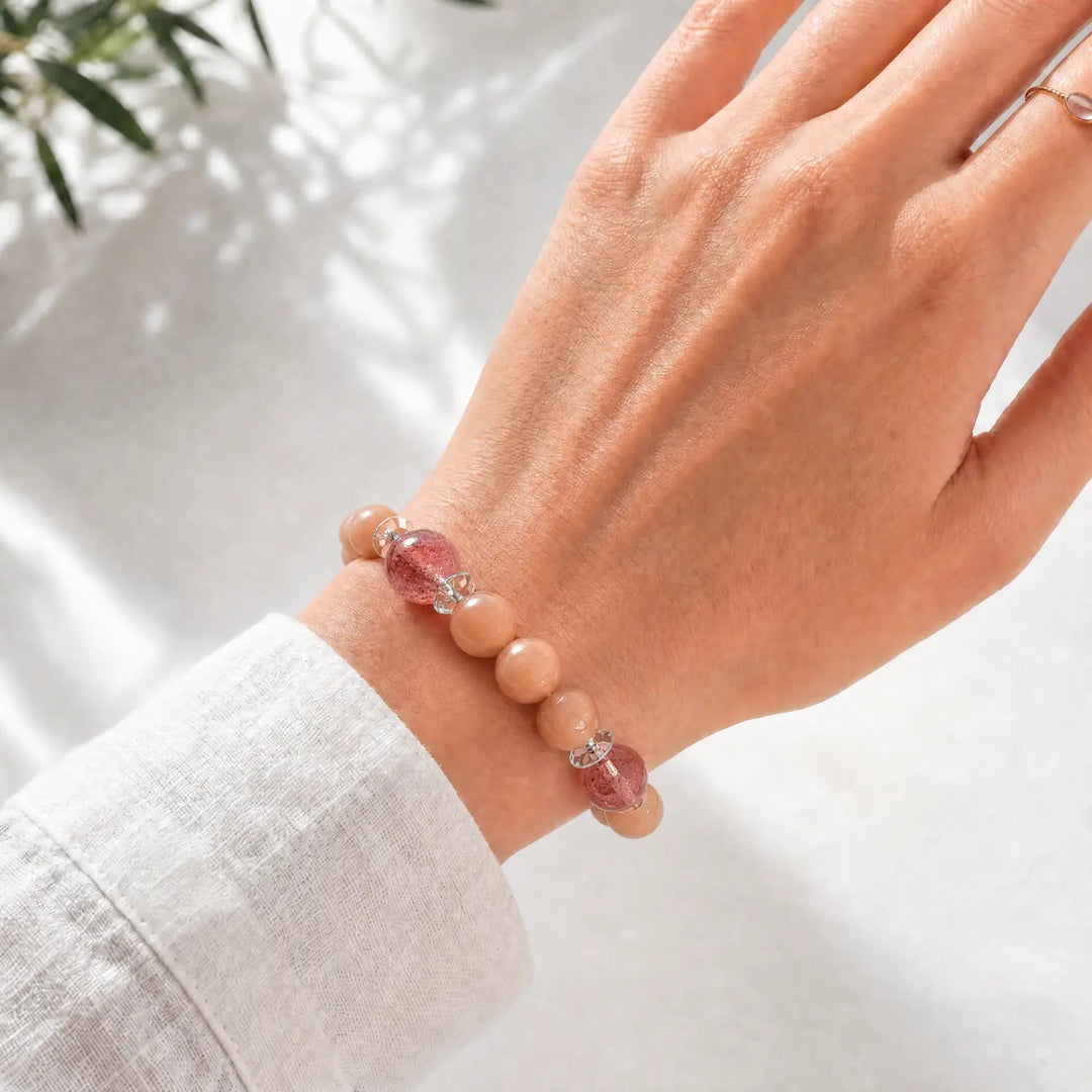 10mm Multi-Stone Crystal Bracelet with Orange Moonstone, Strawberry Quartz, Moonstone - sunstone crystal lifestyle wearing style