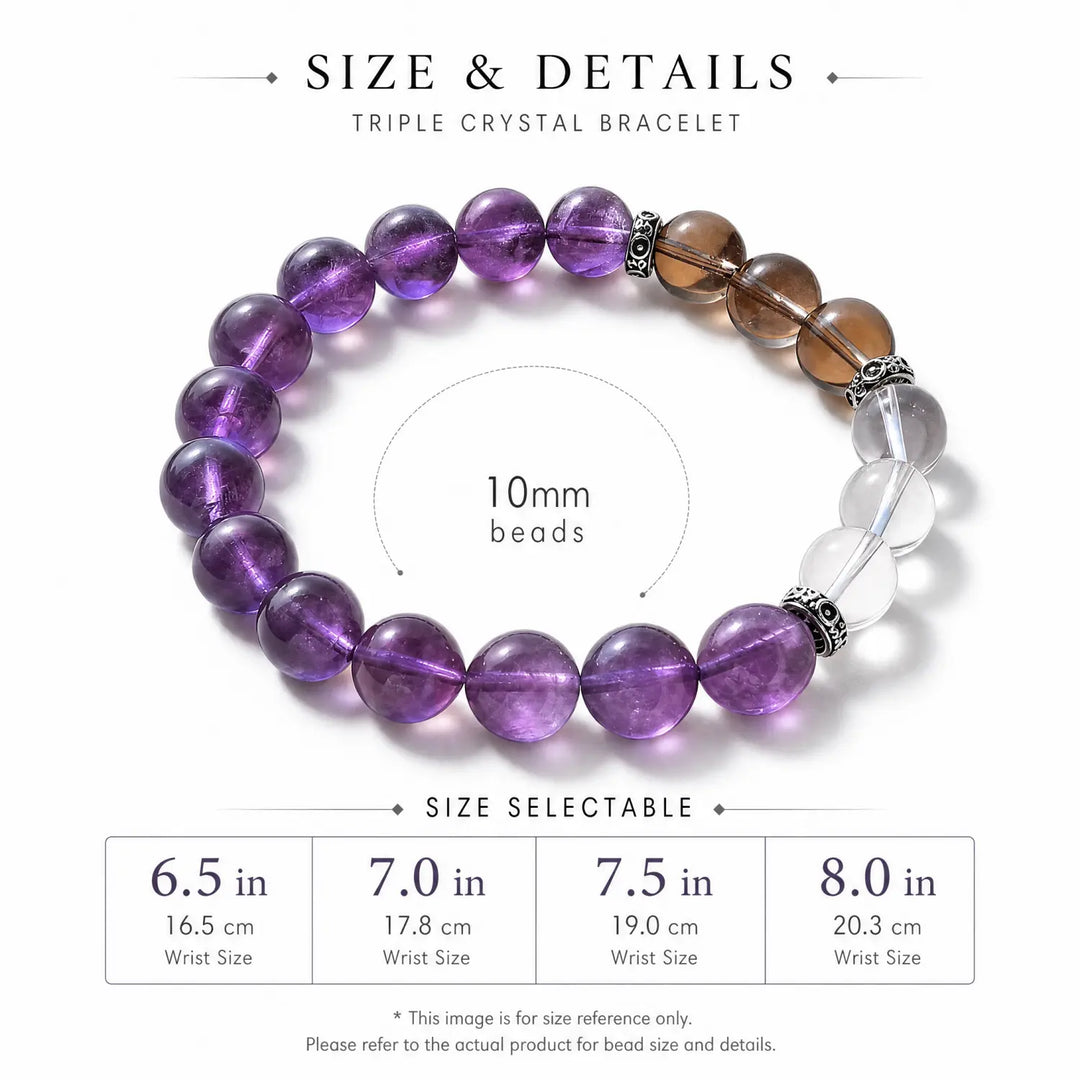 10mm Multi-Stone Crystal Bracelet with Amethyst, Clear Quartz, Smoky Quartz - amethyst bracelet size chart wrist guide