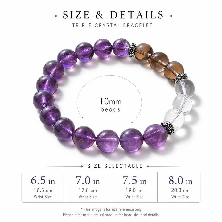 10mm Multi-Stone Crystal Bracelet with Amethyst, Clear Quartz, Smoky Quartz - amethyst bracelet size chart wrist guide