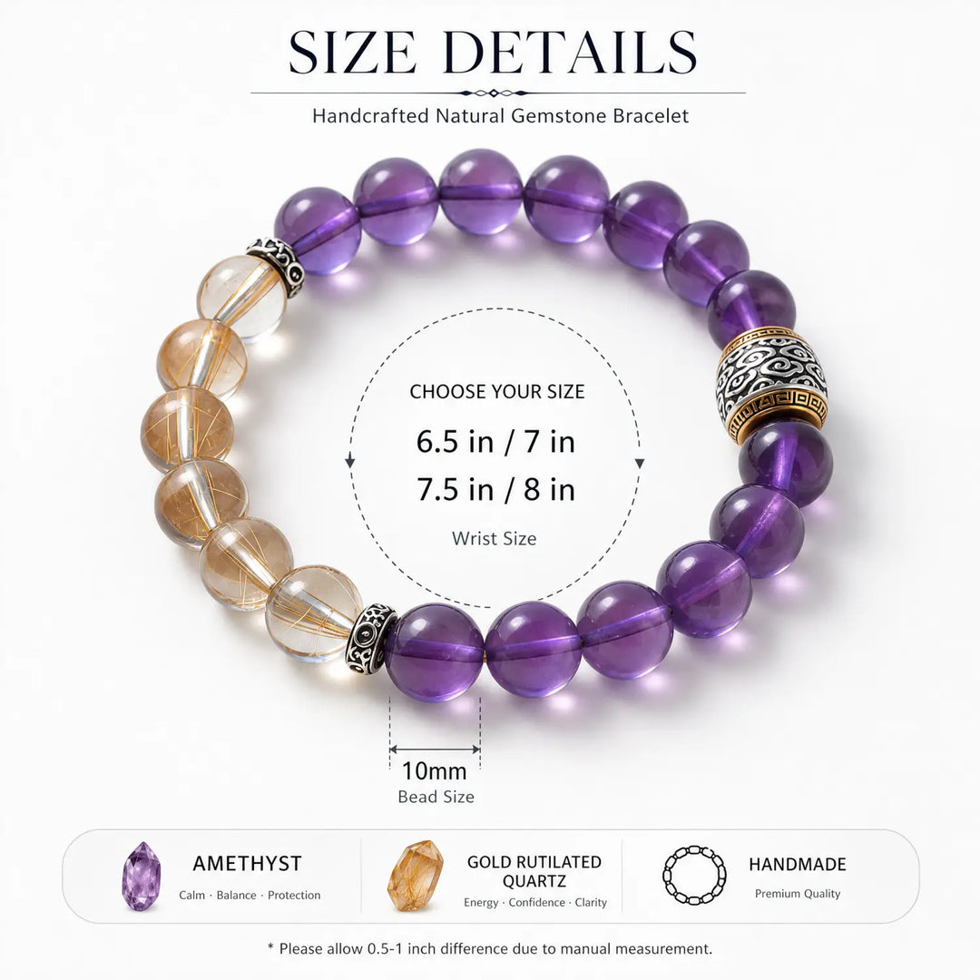 10mm Amethyst & Rutilated Quartz Bracelet - amethyst bracelet size chart wrist guide
