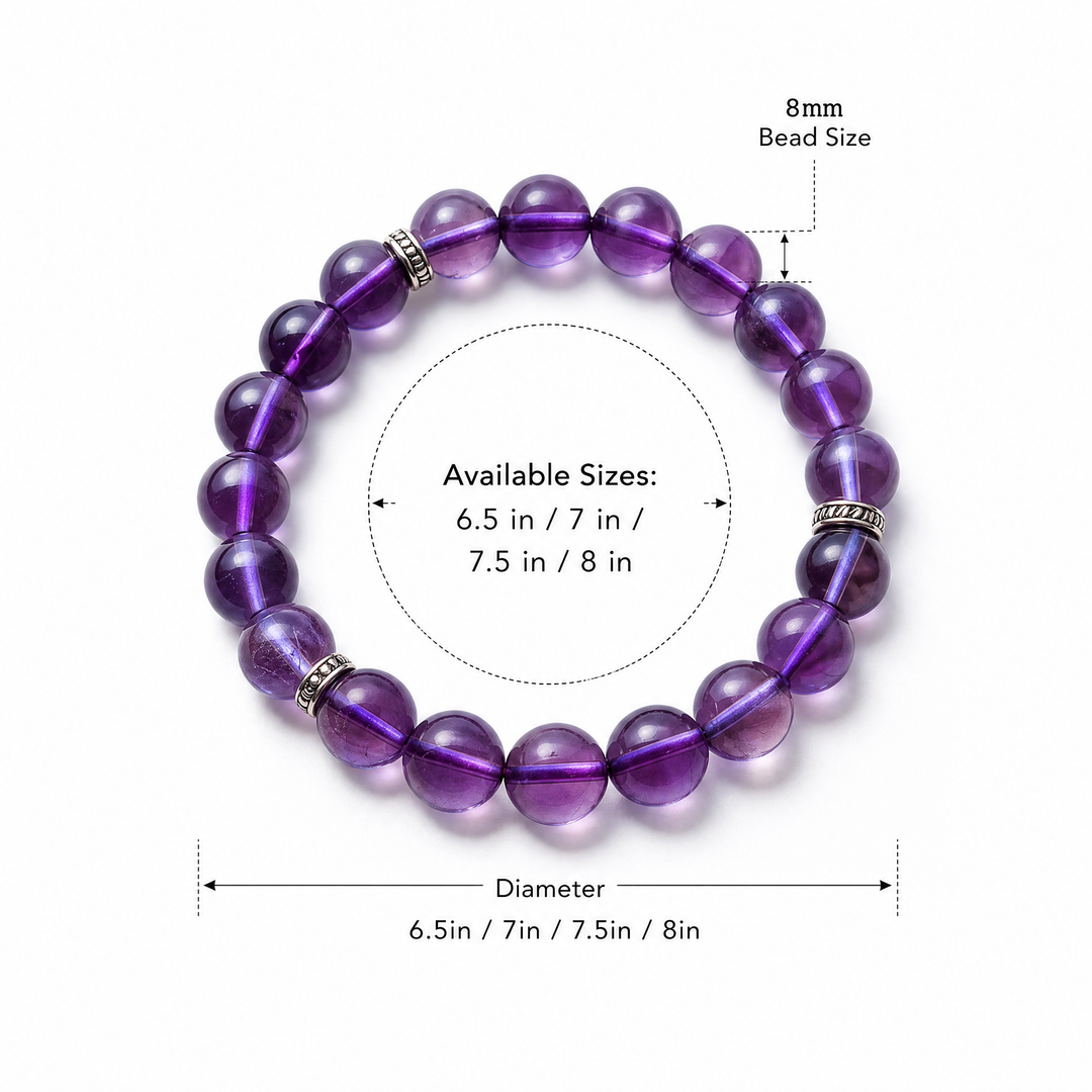 8mm Natural Amethyst Bracelet - amethyst bracelet size chart wrist guide