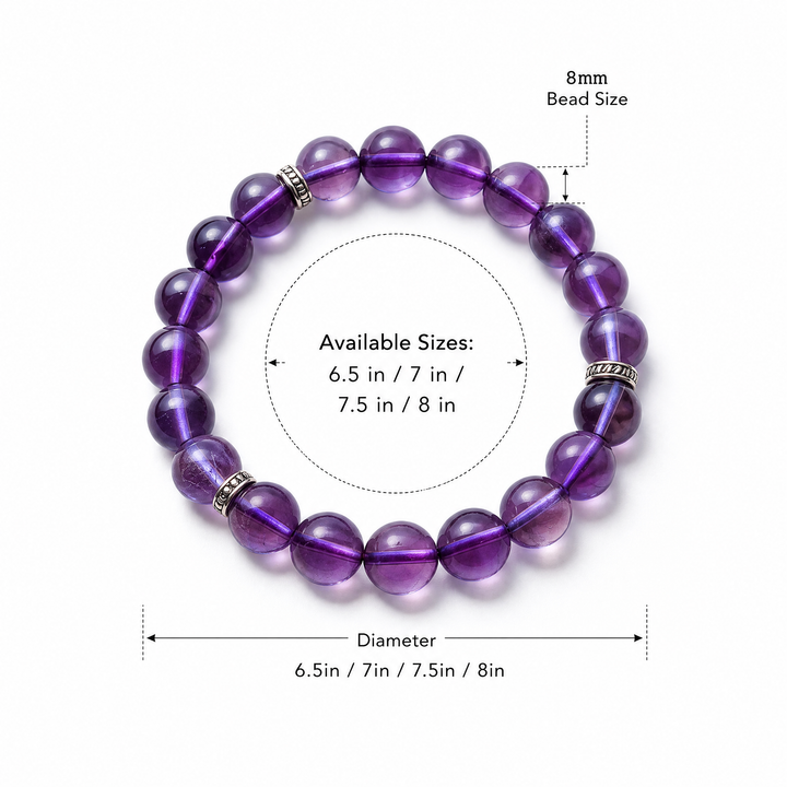 8mm Natural Amethyst Bracelet - amethyst bracelet size chart wrist guide