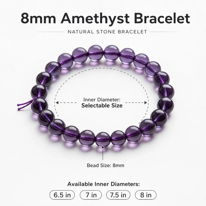 8mm Natural Amethyst Bracelet - amethyst bracelet size chart wrist guide