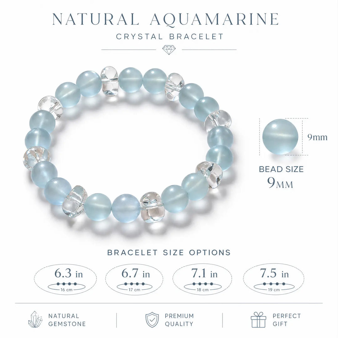 9mm Clear Quartz & Aquamarine Bracelet - aquamarine bracelet size chart wrist guide