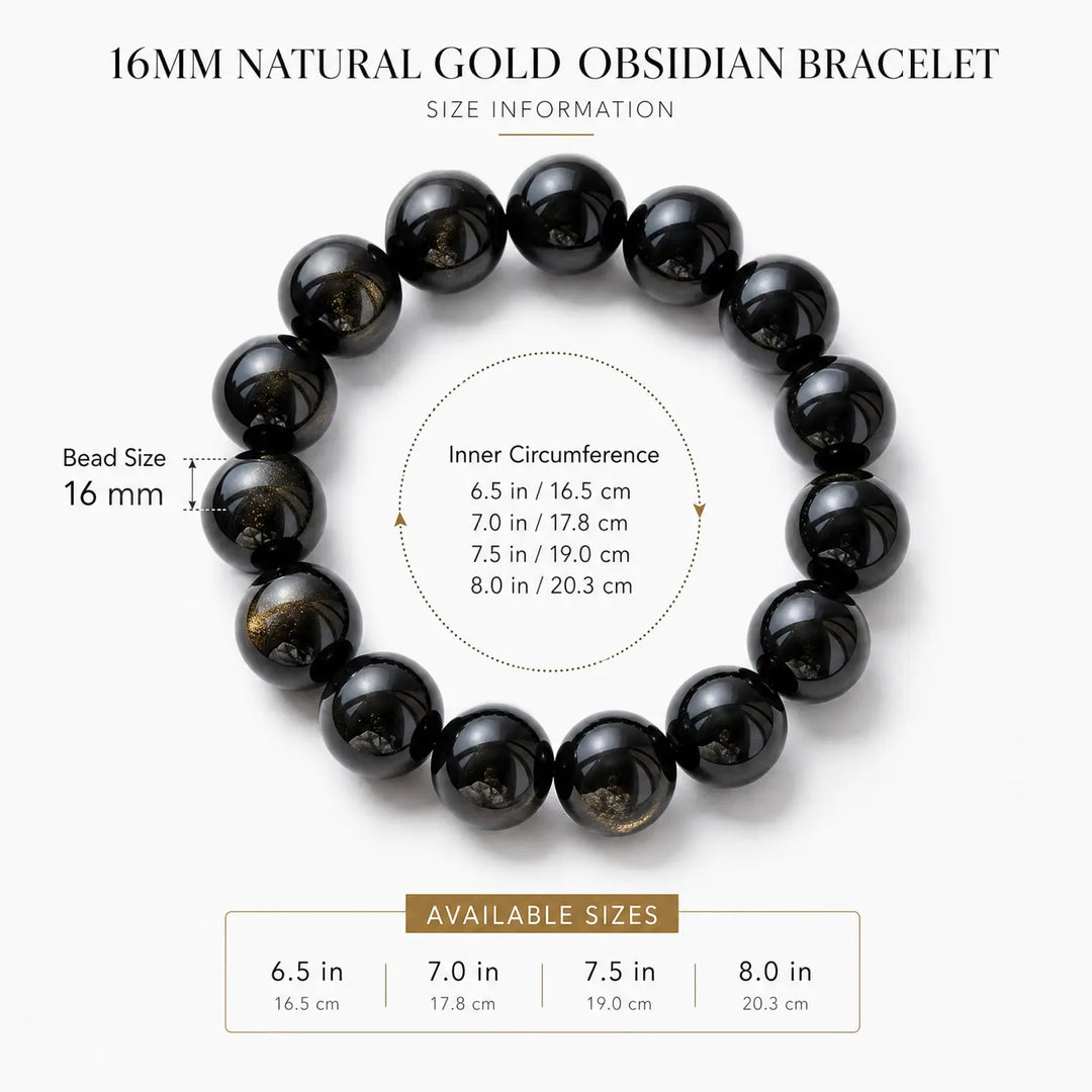 16mm Black Obsidian & Obsidian Bracelet - 05 black obsidian bracelet size chart wrist guide