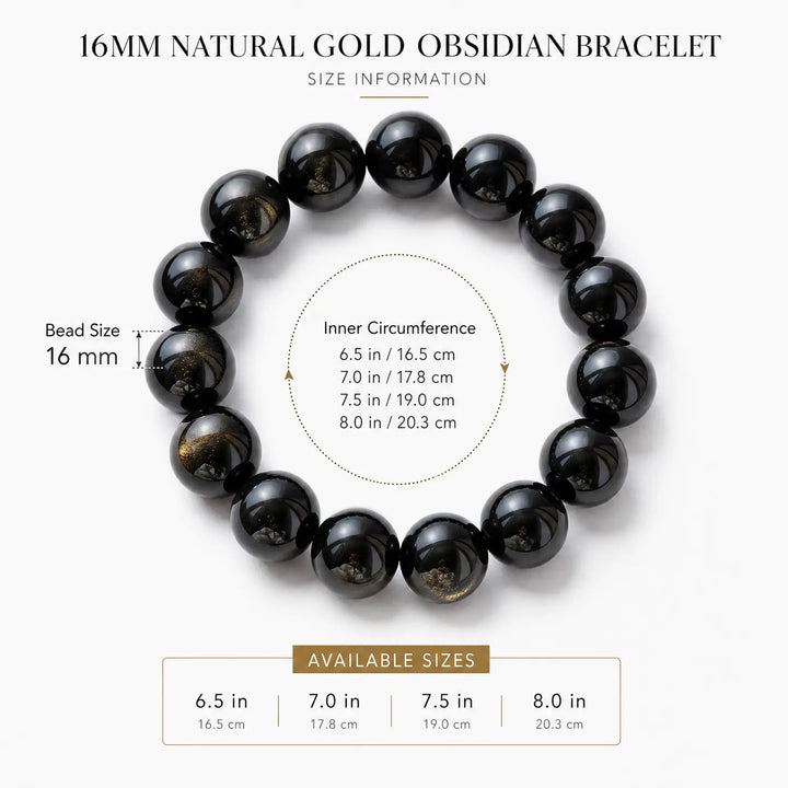 16mm Black Obsidian & Obsidian Bracelet - 05 black obsidian bracelet size chart wrist guide
