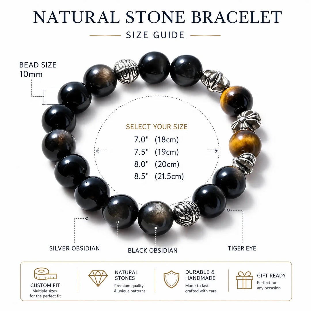 10mm Multi-Stone Crystal Bracelet with Silver Obsidian, Obsidian, Tiger Eye - black obsidian bracelet size chart wrist guide