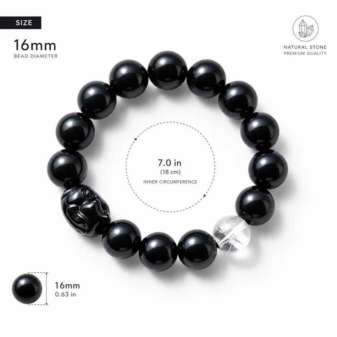 16mm Clear Quartz & Obsidian Bracelet - black obsidian bracelet size chart wrist guide