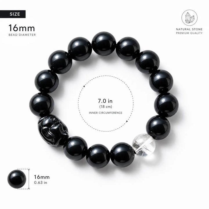 16mm Clear Quartz & Obsidian Bracelet - black obsidian bracelet size chart wrist guide