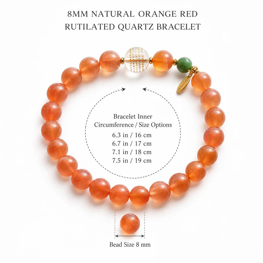 8mm Clear Quartz & Carnelian & Rutilated Quartz Bracelet - 05 carnelian bracelet size chart wrist guide