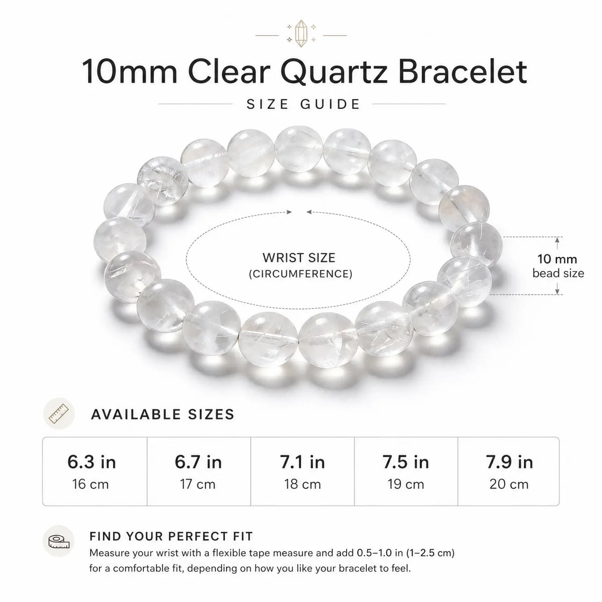 10mm Clear Quartz Bracelet - 05 clear quartz bracelet size chart wrist guide