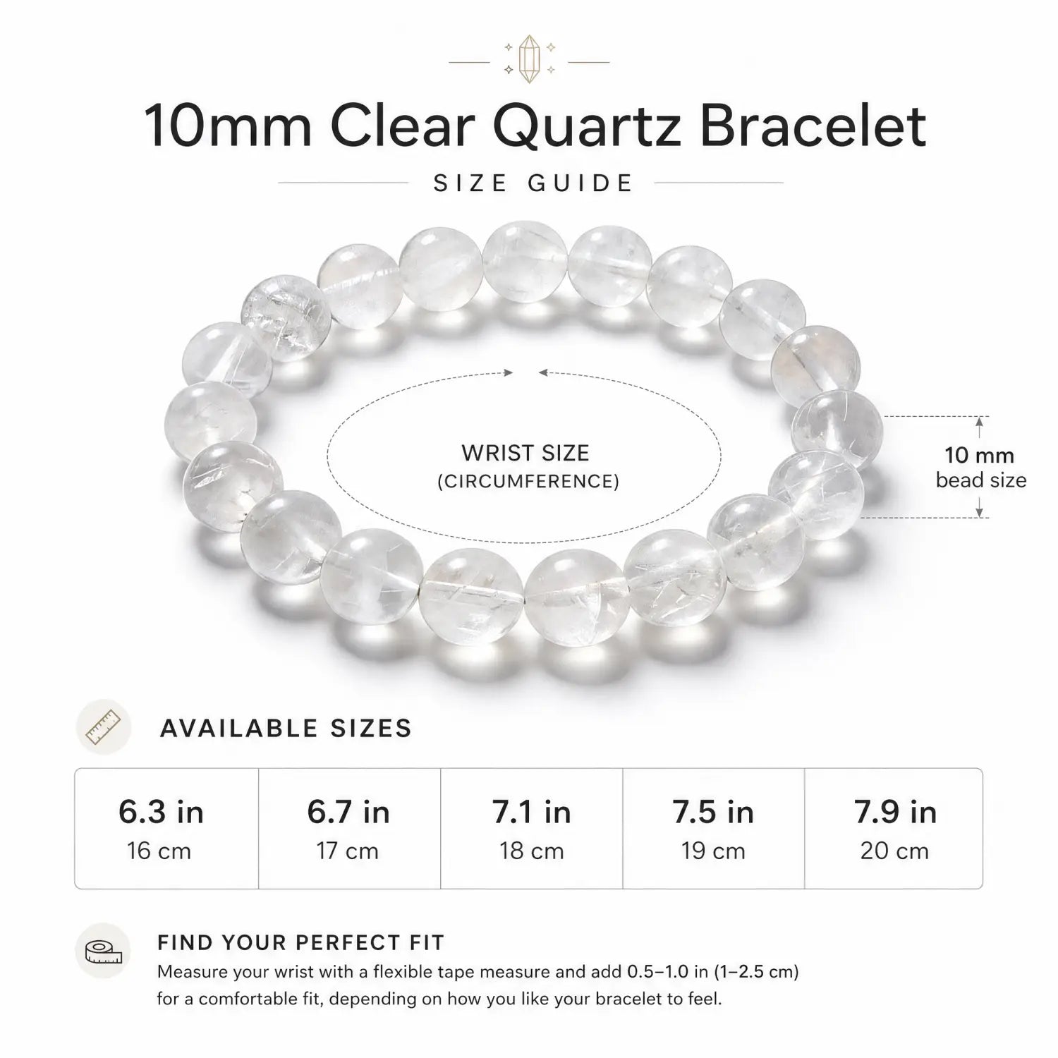 10mm Clear Quartz Bracelet - 05 clear quartz bracelet size chart wrist guide