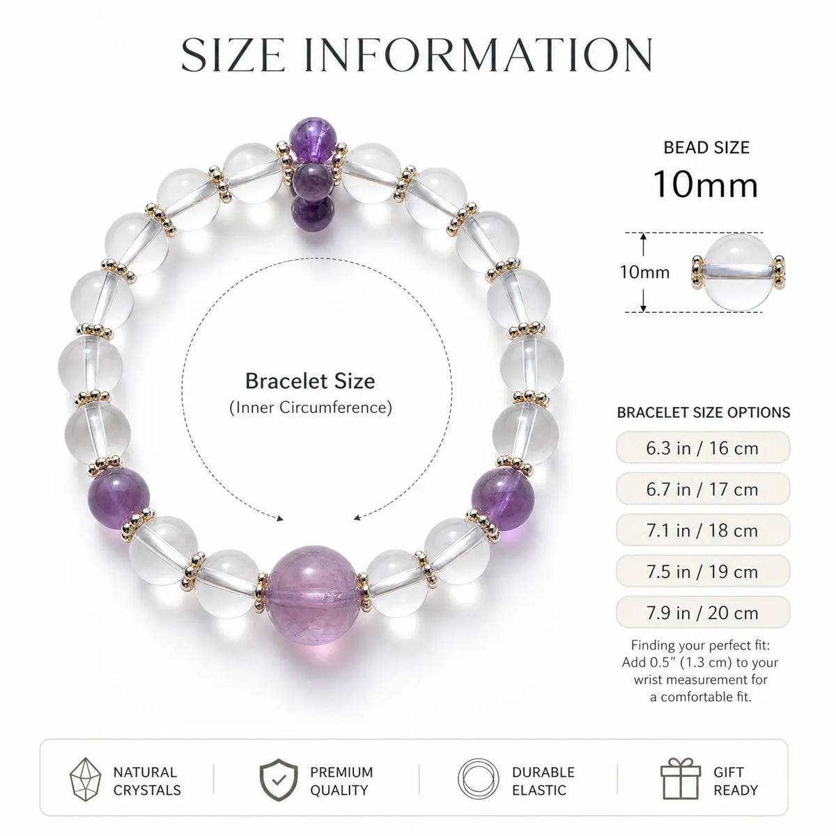 10mm Amethyst & Clear Quartz Bracelet - clear quartz bracelet size chart wrist guide