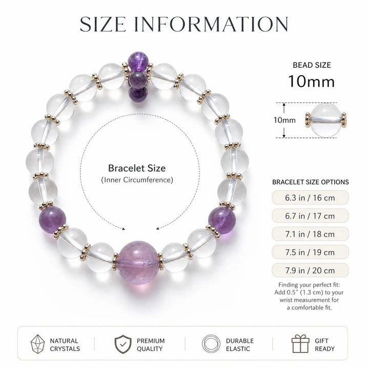 10mm Amethyst & Clear Quartz Bracelet - clear quartz bracelet size chart wrist guide