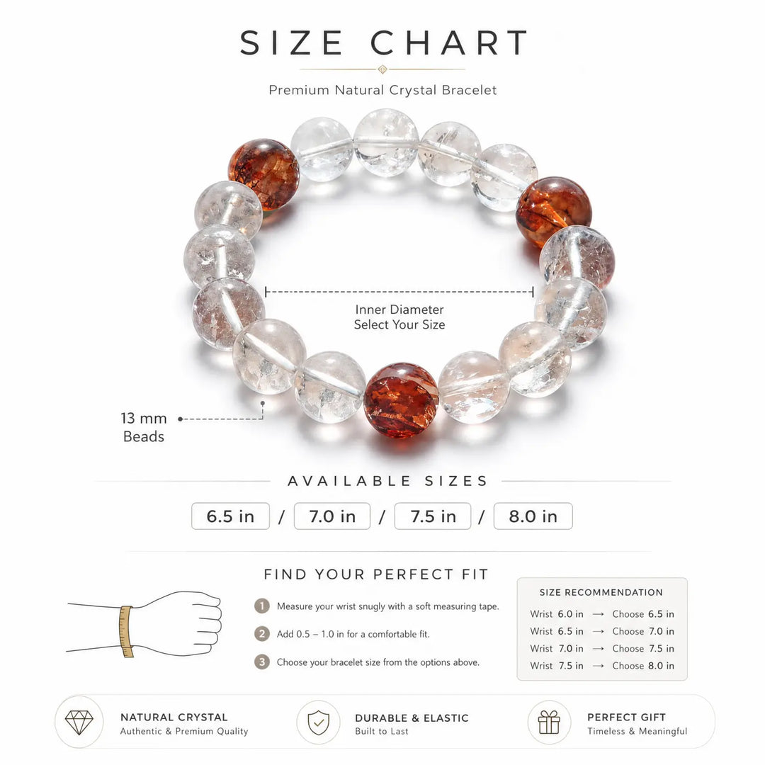 13mm Clear Quartz & Red Hematoid Quartz Bracelet - clear quartz bracelet size chart wrist guide