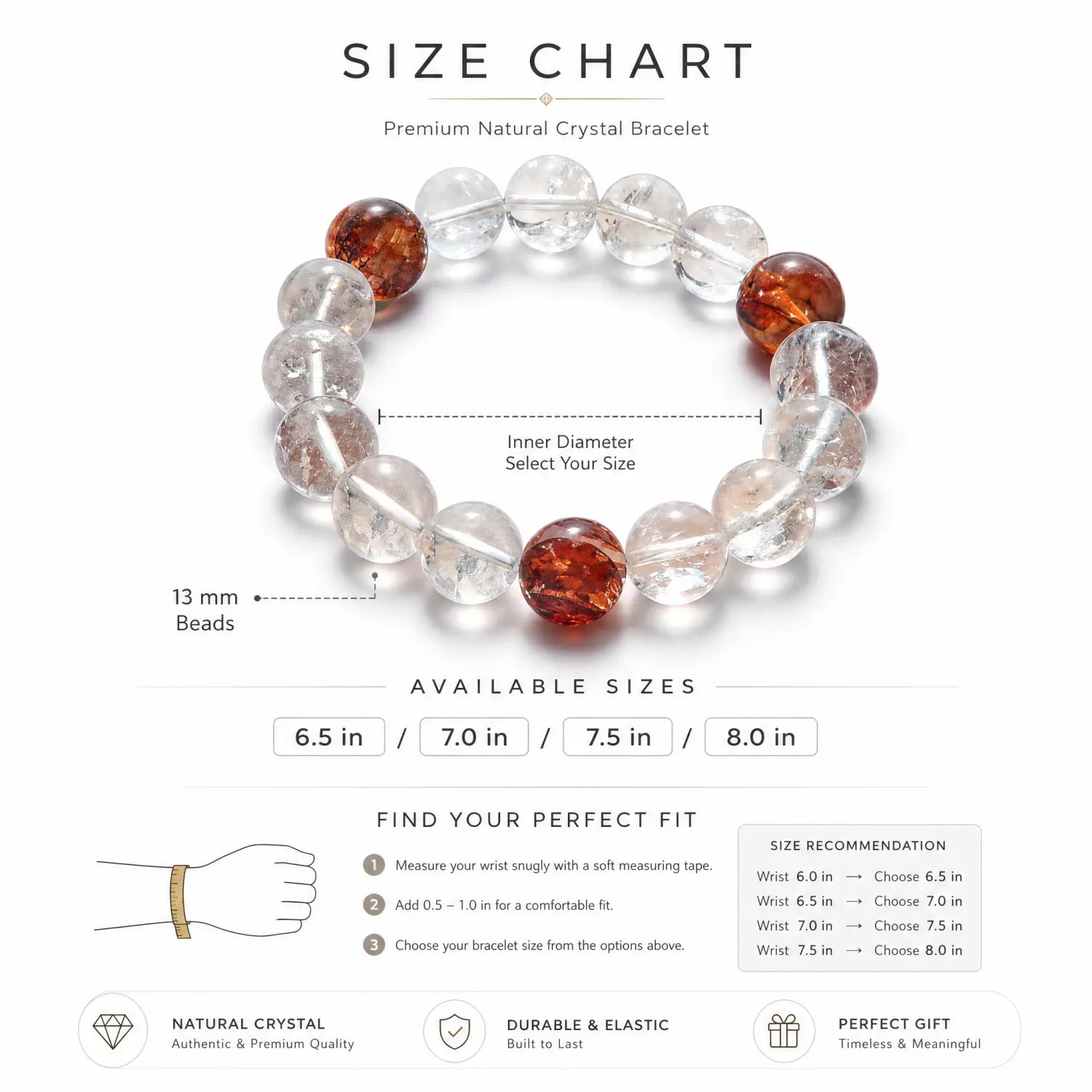13mm Clear Quartz & Red Hematoid Quartz Bracelet - clear quartz bracelet size chart wrist guide