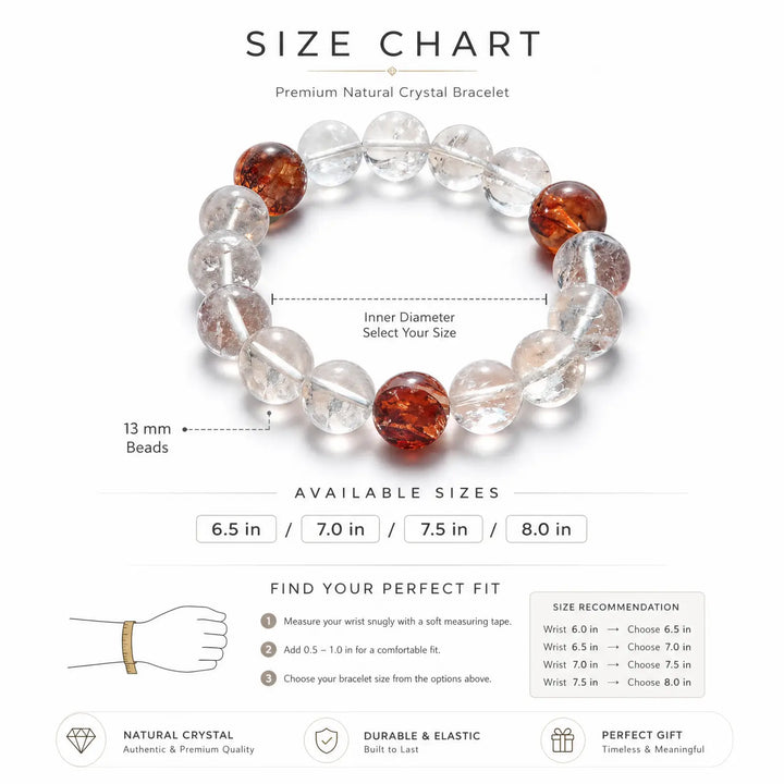 13mm Clear Quartz & Red Hematoid Quartz Bracelet - clear quartz bracelet size chart wrist guide