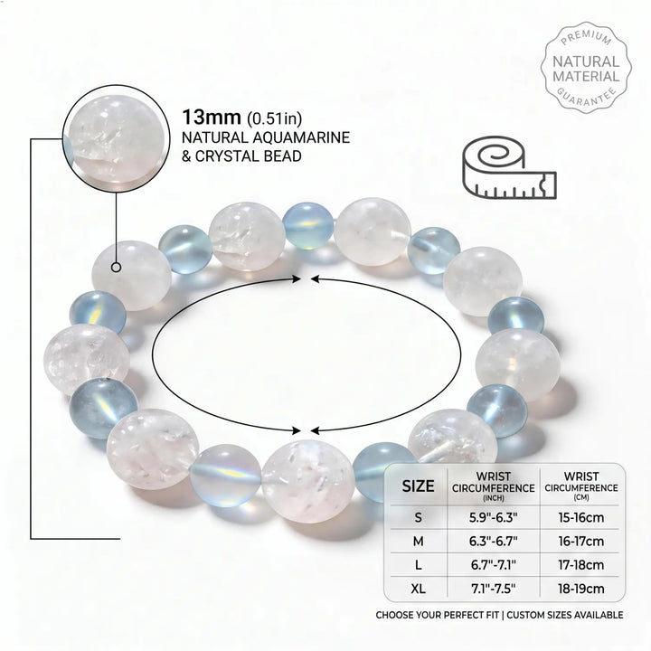 13mm Multi-Stone Crystal Bracelet with White Phantom Quartz, Moonstone, Aquamarine - clear quartz bracelet size chart wrist guide