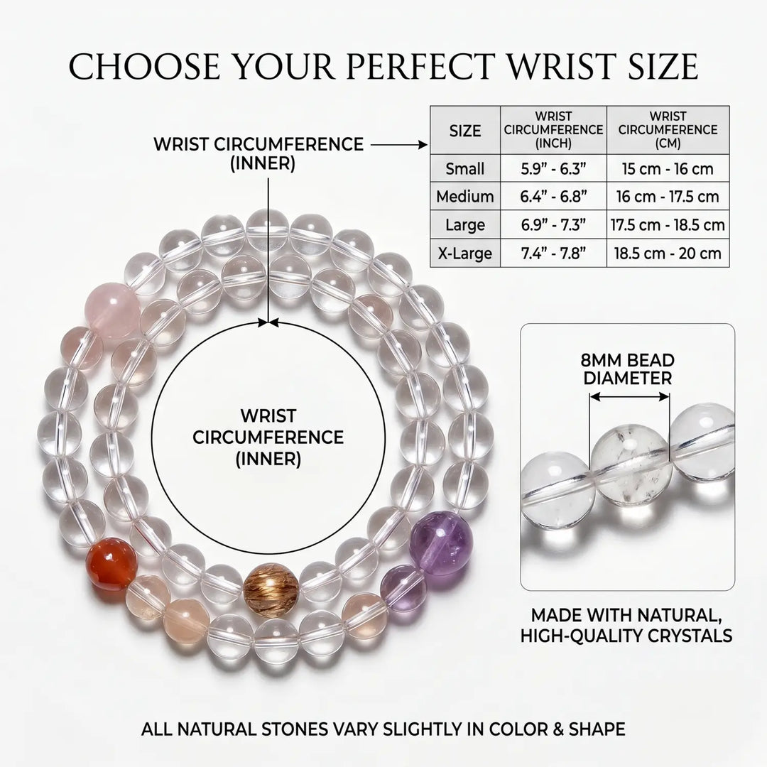 8mm Multi-Stone Crystal Bracelet with Amethyst, Rose Quartz, Clear Quartz - clear quartz bracelet size chart wrist guide