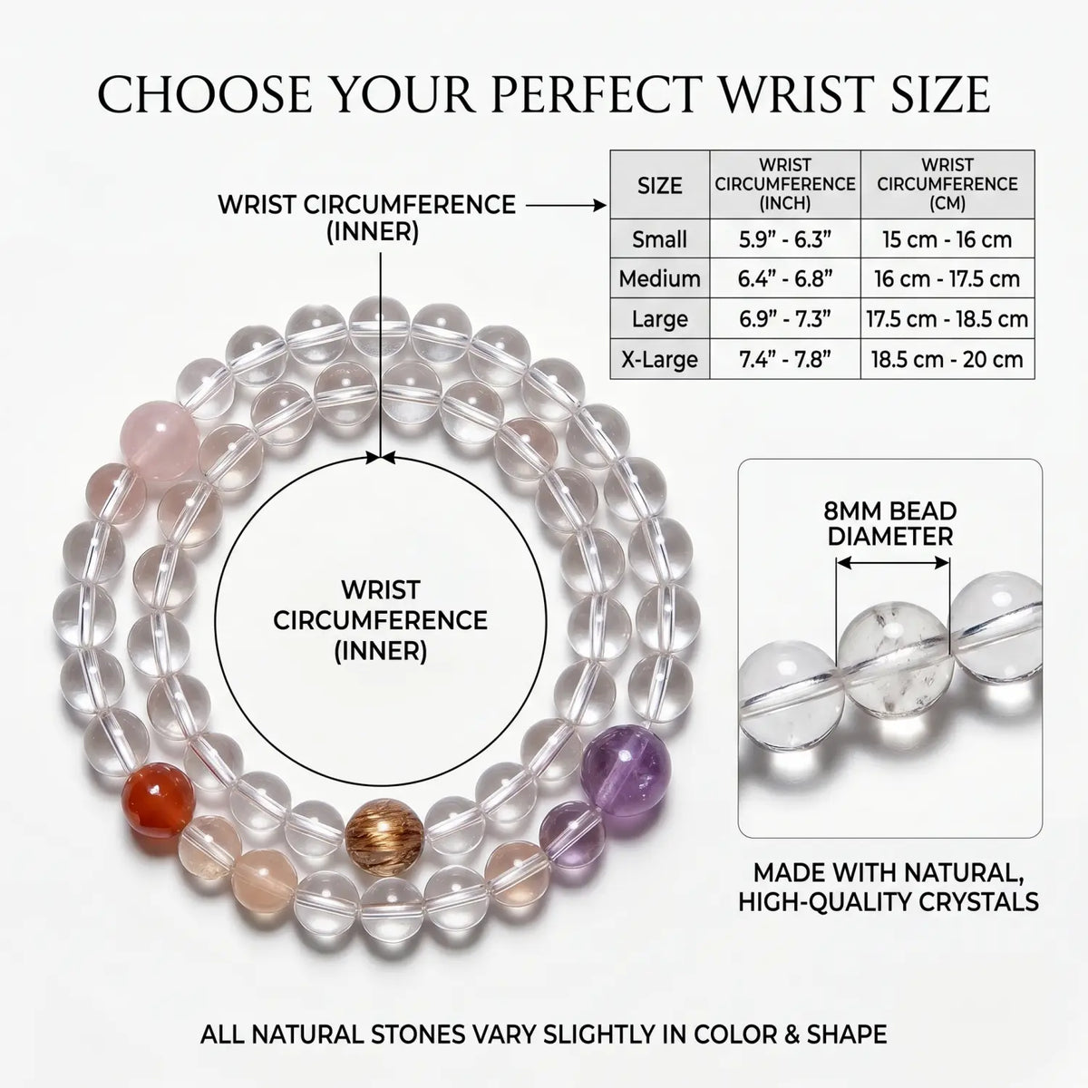 8mm Multi-Stone Crystal Bracelet with Amethyst, Rose Quartz, Clear Quartz - clear quartz bracelet size chart wrist guide
