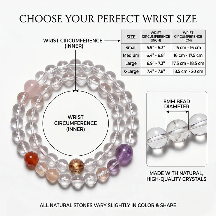 8mm Multi-Stone Crystal Bracelet with Amethyst, Rose Quartz, Clear Quartz - clear quartz bracelet size chart wrist guide