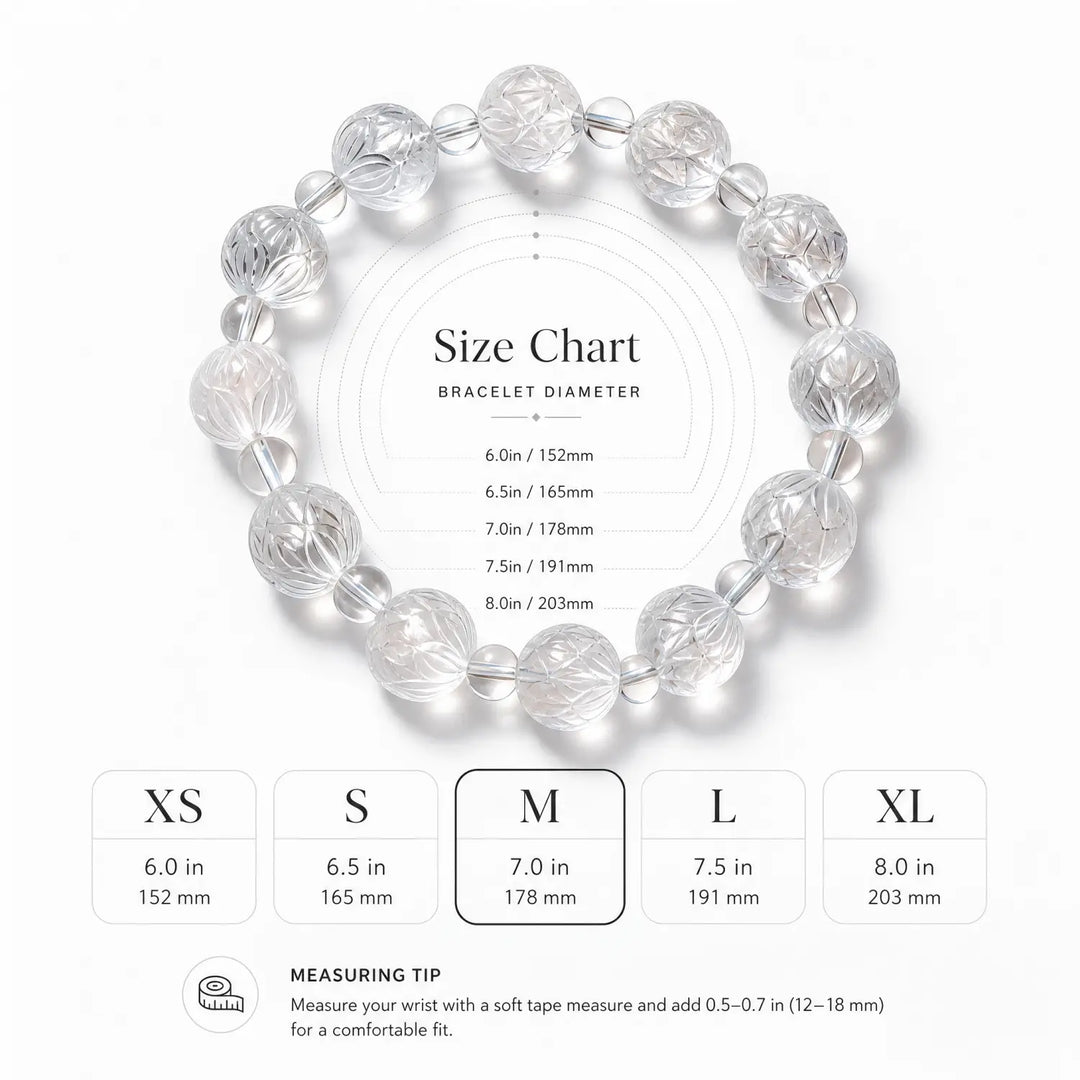 13mm Natural Clear Quartz Bracelet - clear quartz bracelet size chart wrist guide
