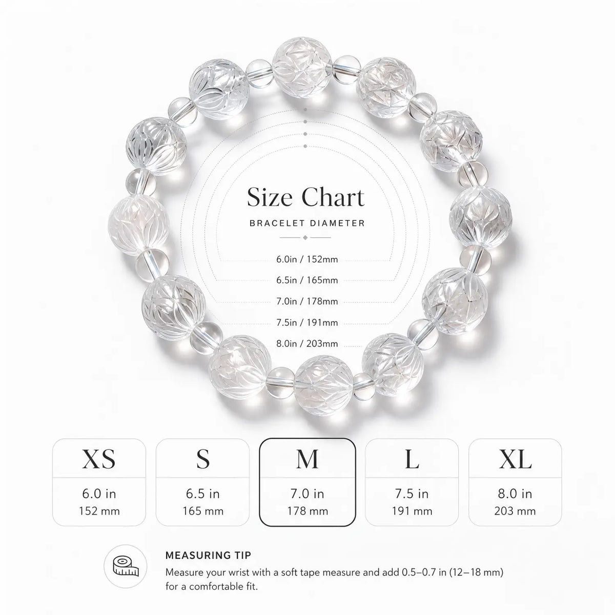 13mm Natural Clear Quartz Bracelet - clear quartz bracelet size chart wrist guide