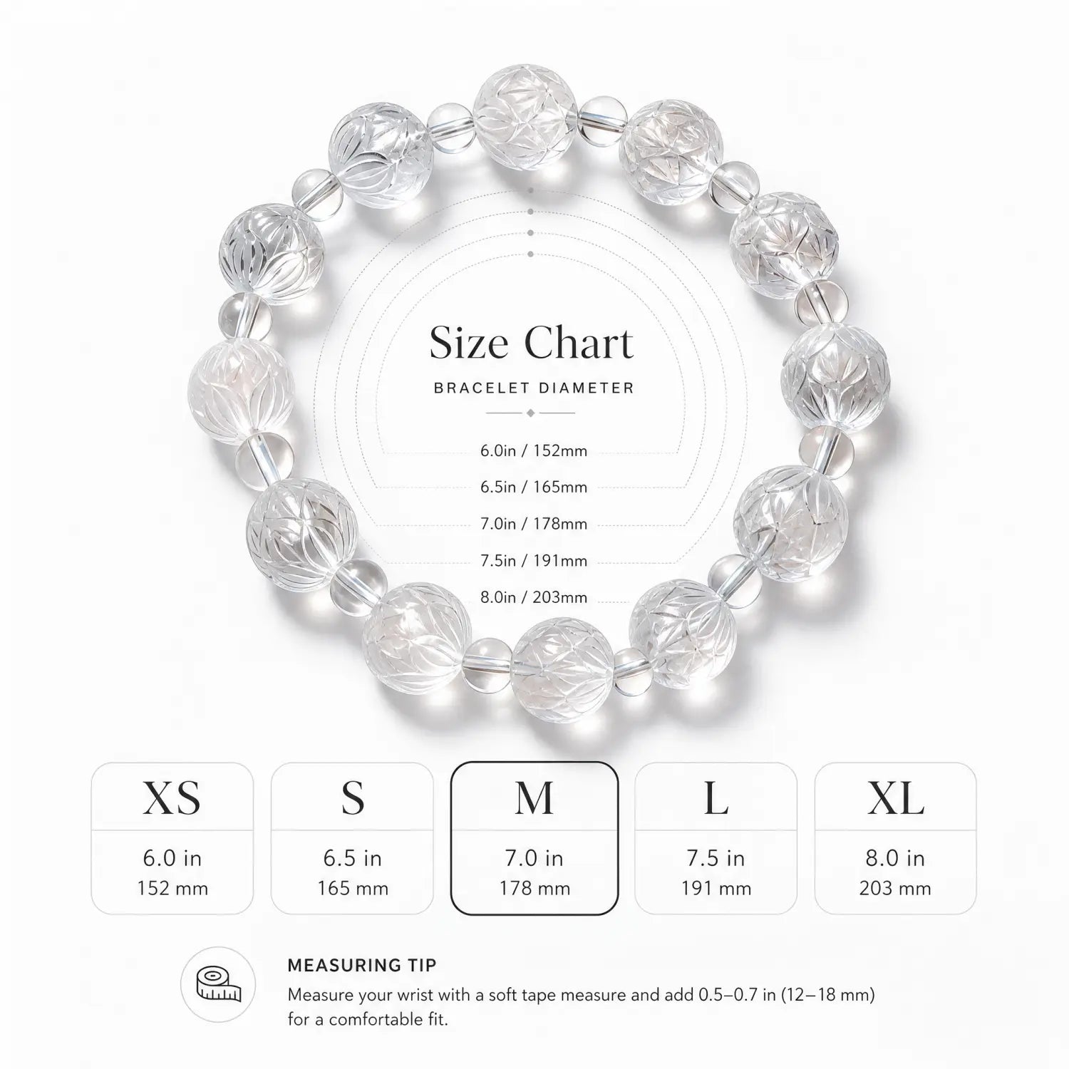 13mm Natural Clear Quartz Bracelet - clear quartz bracelet size chart wrist guide