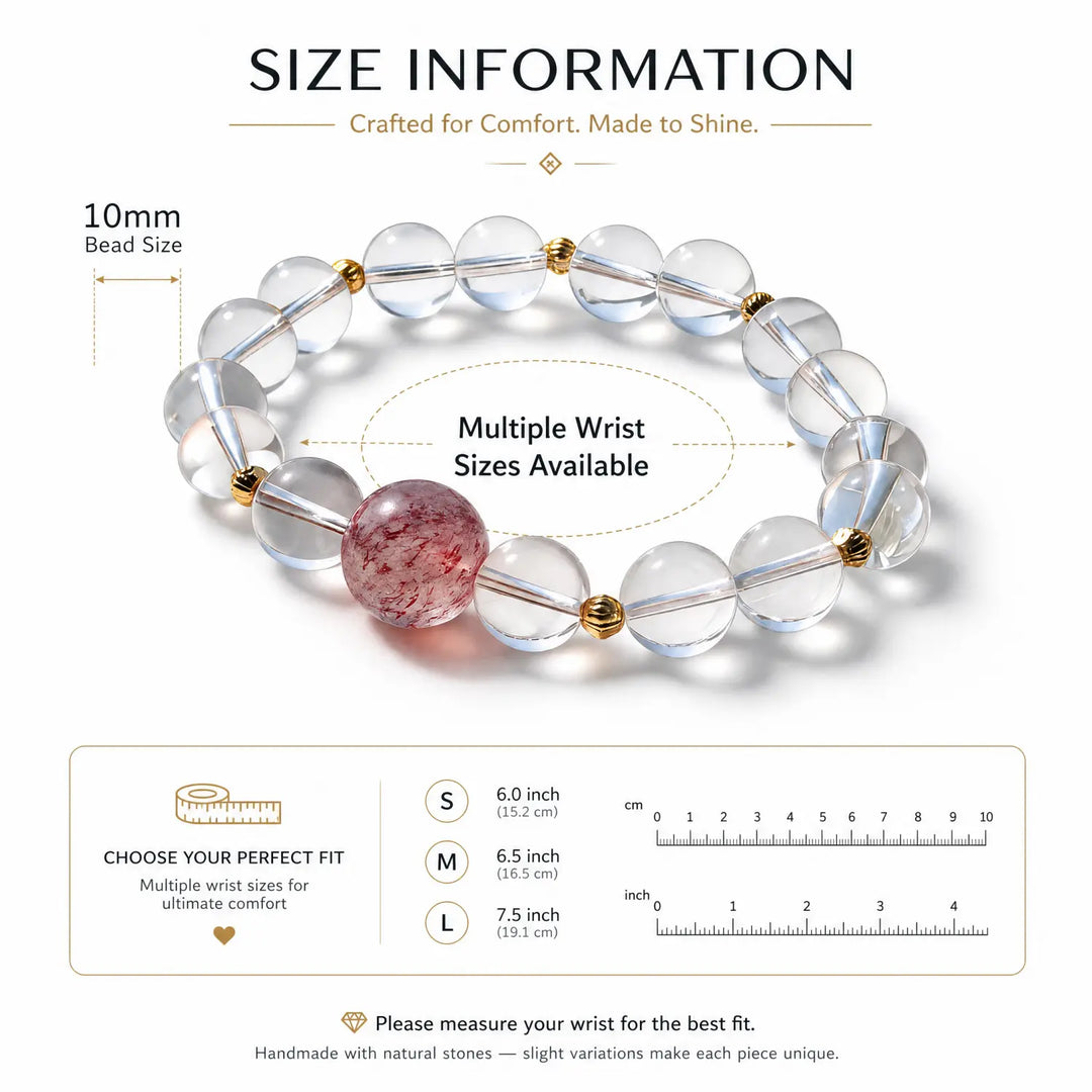 10mm Clear Quartz & Strawberry Quartz Bracelet - 05 clear quartz bracelet size chart wrist guide