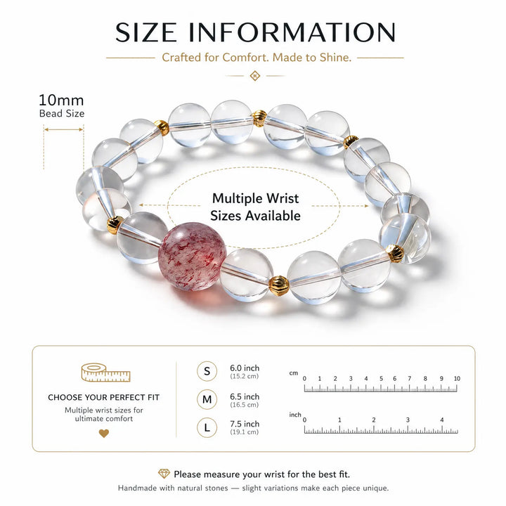 10mm Clear Quartz & Strawberry Quartz Bracelet - 05 clear quartz bracelet size chart wrist guide