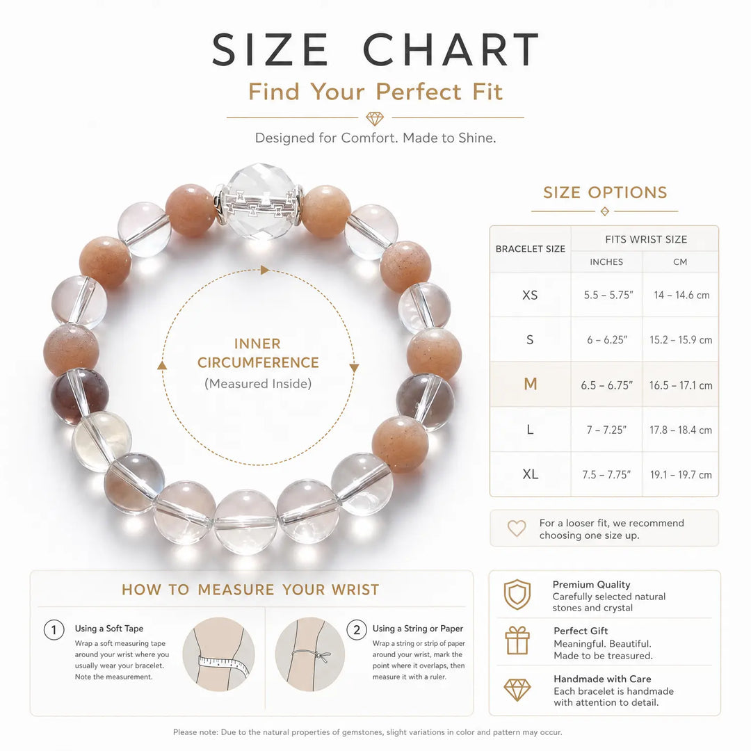 10mm Clear Quartz & Sunstone Bracelet - clear quartz bracelet size chart wrist guide