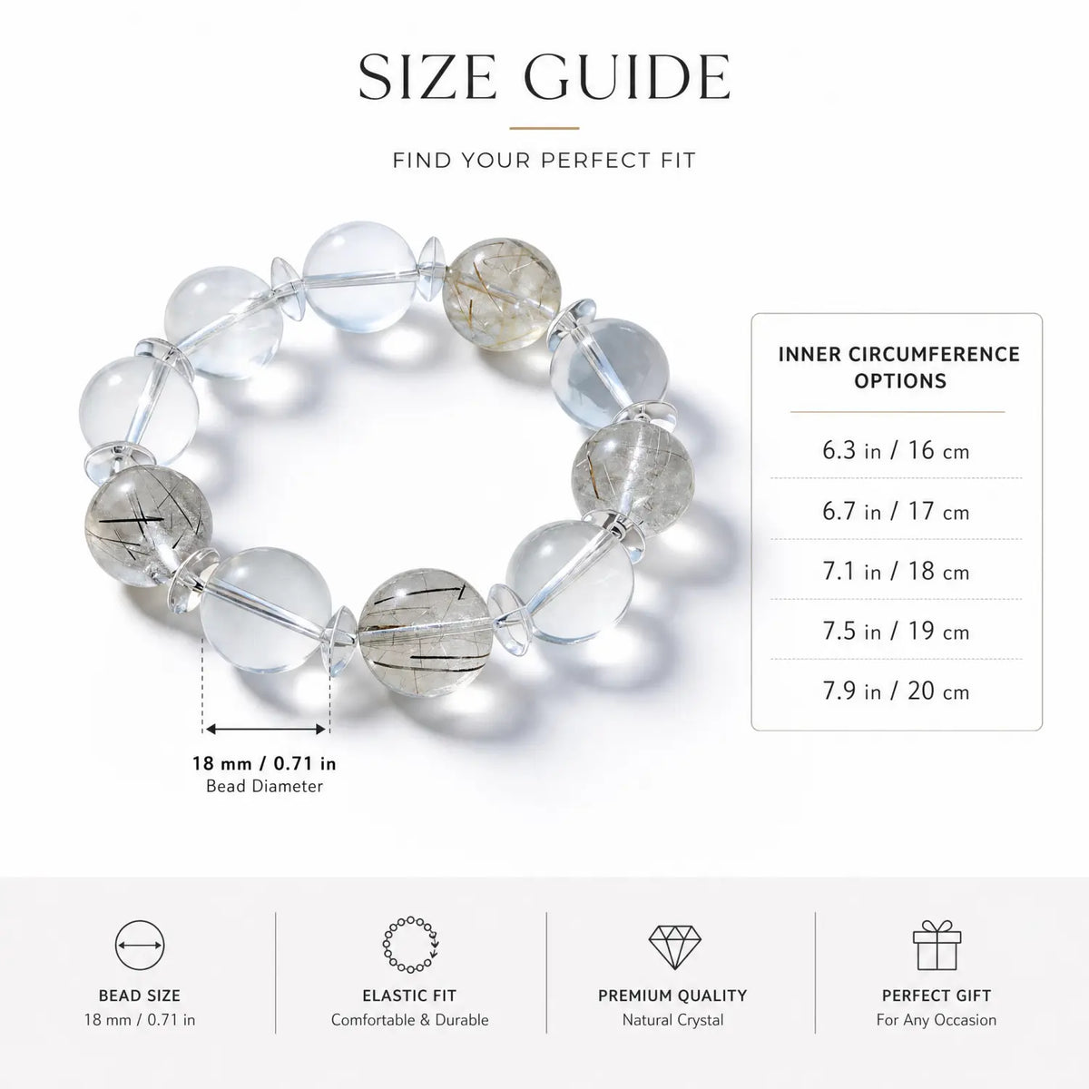 Clear Quartz & Rutilated Quartz Bracelet - 05 clear quartz bracelet size chart wrist guide