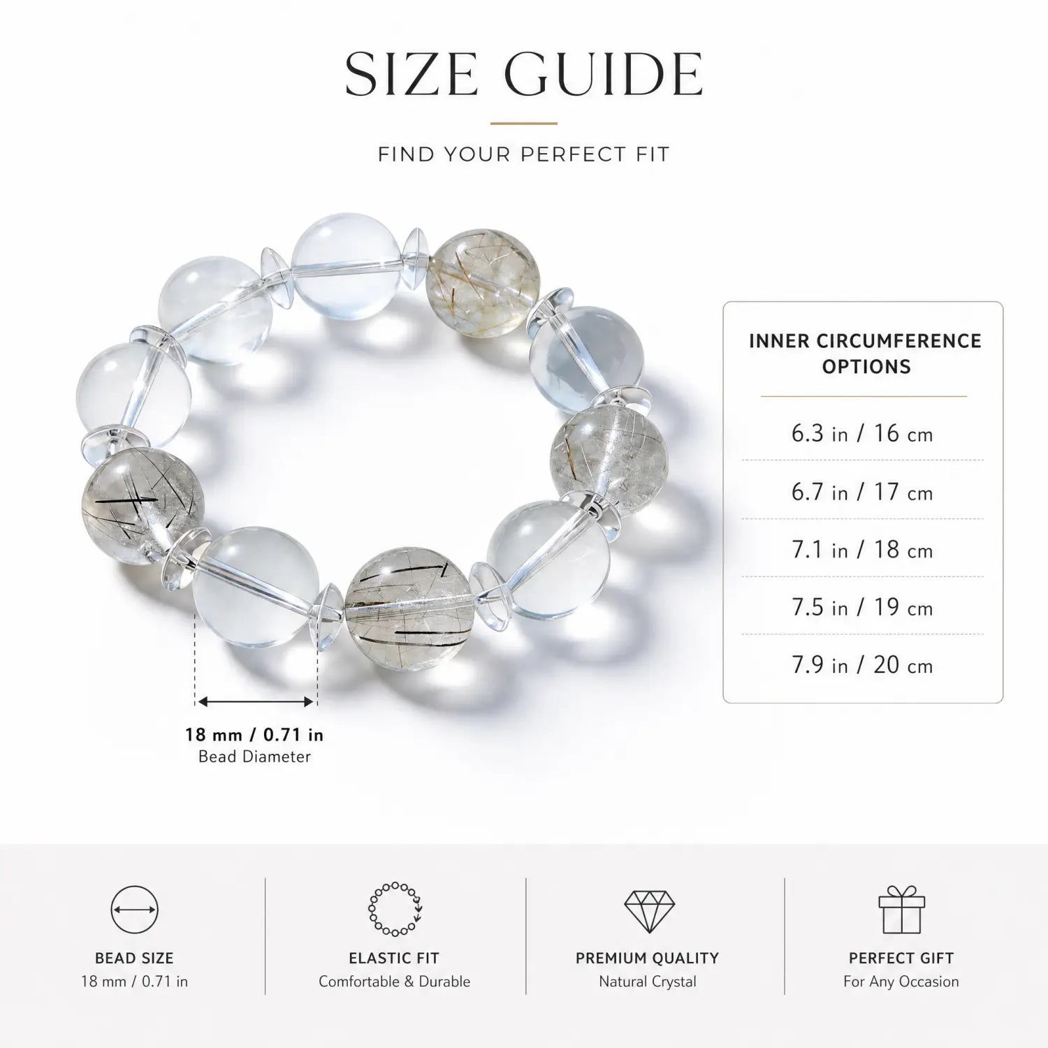 Clear Quartz & Rutilated Quartz Bracelet - 05 clear quartz bracelet size chart wrist guide