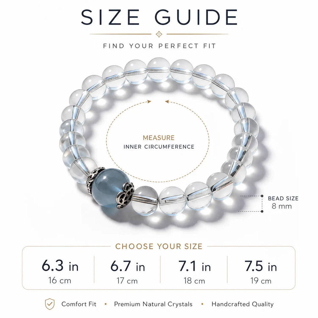 8mm Clear Quartz & Aquamarine Bracelet - clear quartz bracelet size chart wrist guide