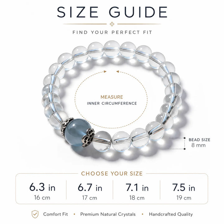 8mm Clear Quartz & Aquamarine Bracelet - clear quartz bracelet size chart wrist guide